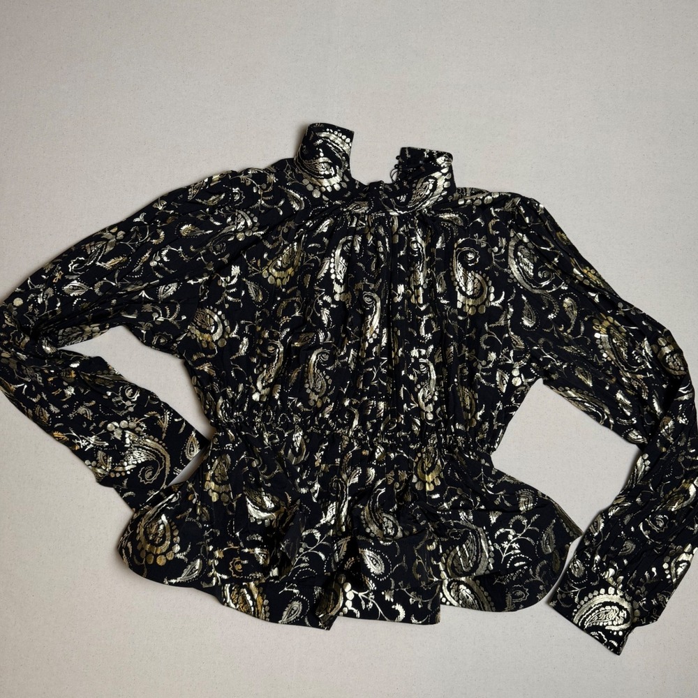 Beulah Style Metallic Paisley Pleated Set Sculpted Peplum Black Gold‎ OS MC6650